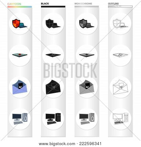 Shield for computer, virus and tablet, hacking of mail, computer equipment on the lock. Hacker and hacking set collection icons in cartoon black monochrome outline style vector symbol stock illustration .