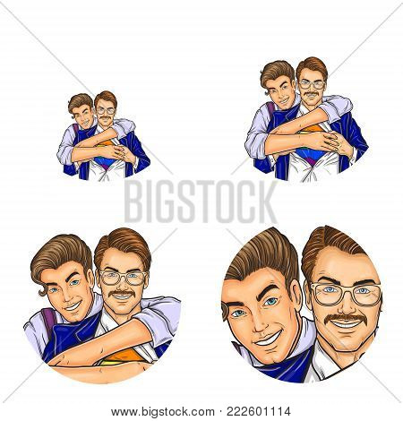 Vector pop art avatars for social network chat user profile or blog account picture icon template. Gay men couple of young and adult boy embracing, smiling and unbutton shirt. Retro sketch set