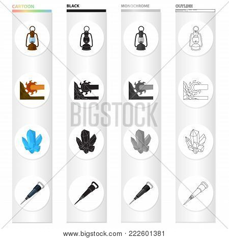 Lantern miner, mining combine, natural crystal, jackhammer. Mining industry set collection icons in cartoon black monochrome outline style vector symbol stock illustration isometric .