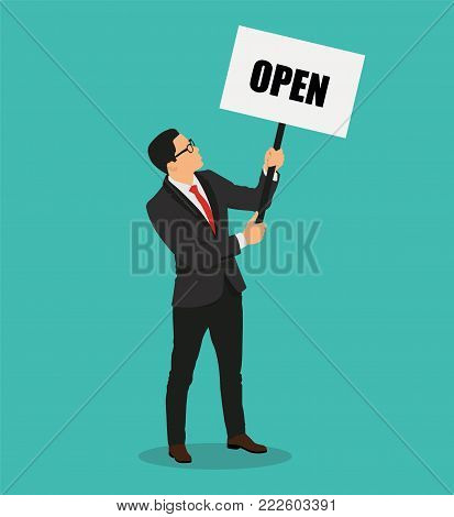 Man showing board with text OPEN - stock vector.