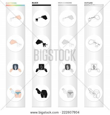 Dentist dental treatment, a shot of a human hand, a surgical operation on the leg. Medicine and dentistry set collection icons in cartoon black monochrome outline style vector symbol stock isometric illustration .