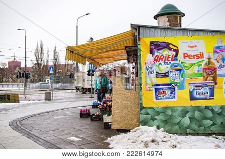 Stand Offering German Products In The City Center On Circa January 2018 In Poznan, Poland