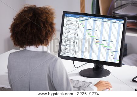 Rear View Of A Businesswoman Working On Gantt Chart On Computer In Office