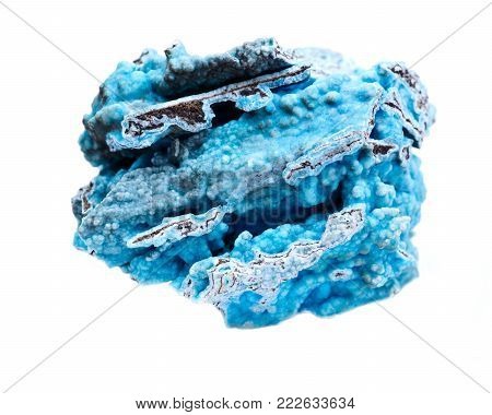Bright blue rough hemimorphite from Wenshan, Yuunan Province, China isolated on white background