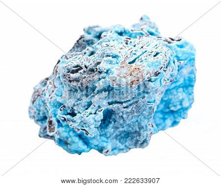 Bright blue rough hemimorphite from Wenshan, Yuunan Province, China isolated on white background