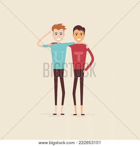 Adult guys,Men,Two best friends.Happy smiling young men friends.Happy best friends meeting.Happy couple icon.Happy friends two man,Friendly hug and Friendship concept.Vector illustration.