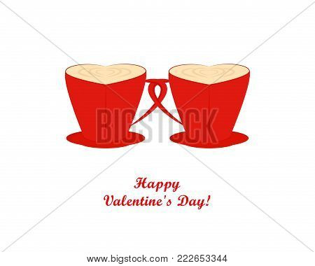 Red coffee cups hearts, Valentines day greeting card, greeting inscription - Happy Valentine's day