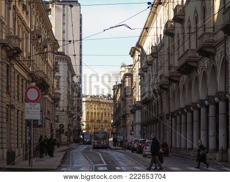 TURIN, ITALY - CIRCA JANUARY 2018: Via Pietro Micca street