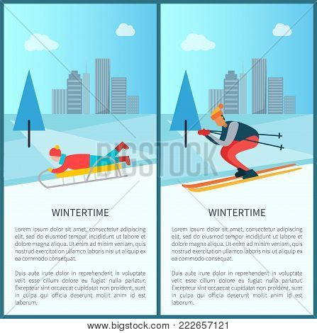 Wintertime recreation, sled and child lying on it, skier going down slope, pine trees and snowy weather, set of placards, vector illustration