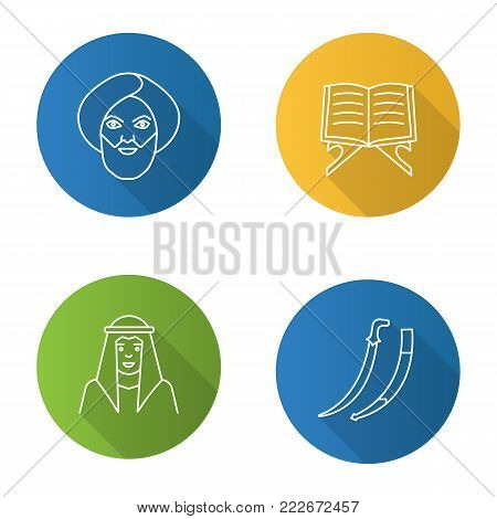 Islamic culture flat design long shadow glyph icon. Muslim men in traditional clothes, quran book, scimitar sword. Vector silhouette illustration