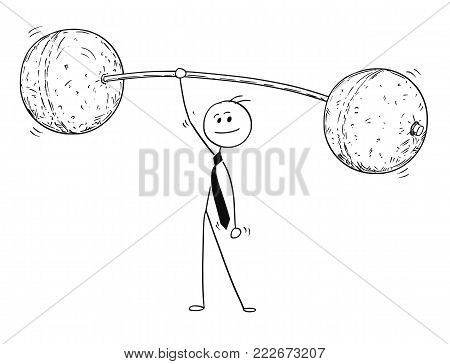 Cartoon stick man drawing conceptual illustration of businessman lifting easily heavy weight barbell. Concept of easy business and success.