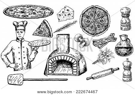Pizza set. Vector ink hand drawn illustration isolated on white background. Pizzaiolo, pizza ingredients and kitchen utensils and oven.
