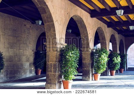 BARCELONA, SPAIN - 13 JANUARY 2018: The architectural complex Poble Espanyol of the traditional architecture of the country. Created in 1929 for an international exhibition held in Barcelona.