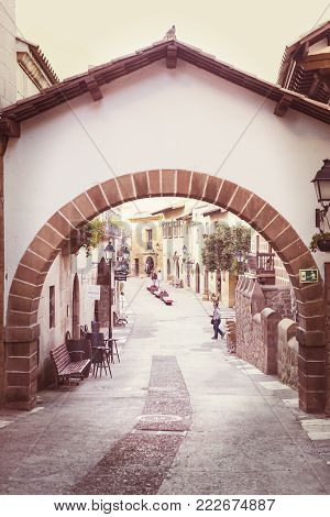 BARCELONA, SPAIN - 13 JANUARY 2018: The architectural complex Poble Espanyol of the traditional architecture of the country. Created in 1929 for an international exhibition held in Barcelona.