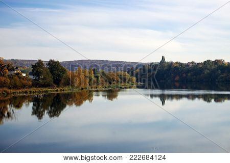 Southern Bug river in the area of the sports camp Kolos. In the direction of the river in the direction of the Sabarovsk Dam (Ukraine, Vinnitsa)