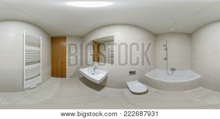 Praha, Czech - July 21, 2014: 360 Panorama View In Modern White Empty Restroom Bathroom Lavatory, Fu