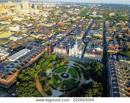 Aerial Jackson Square Saint Louis Cathedral Church In New Orleans, Louisiana