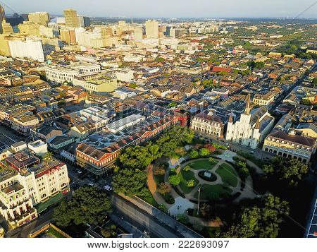 Aerial Jackson Square Saint Louis Cathedral Church In New Orleans, Louisiana