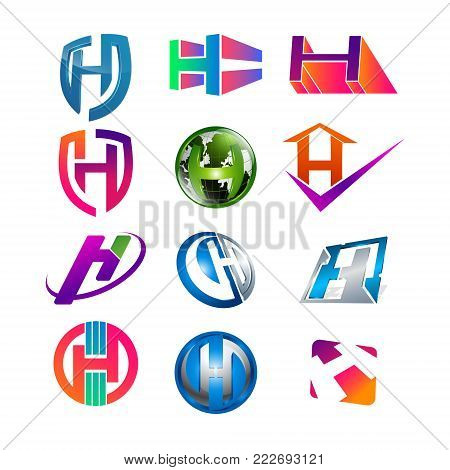 Alphabet letter H logo design set. Modern abstract simple clean 2D flat or 3D unusual sign icon symbols pack. creative Initial logotype icon vector illustration template element.