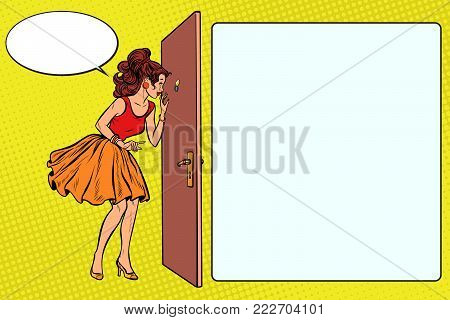 woman peeking through the peephole. Pop art retro vector illustration