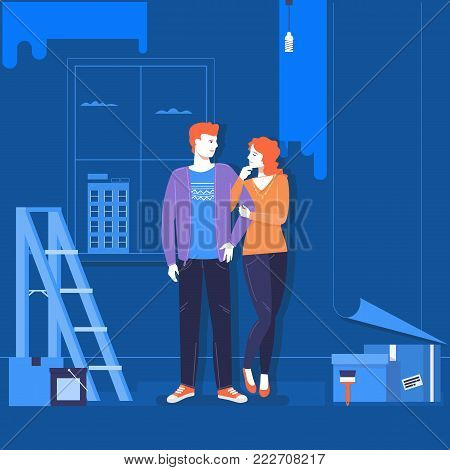 Family moving to a new home. Concept design repair and construction of new housing.
