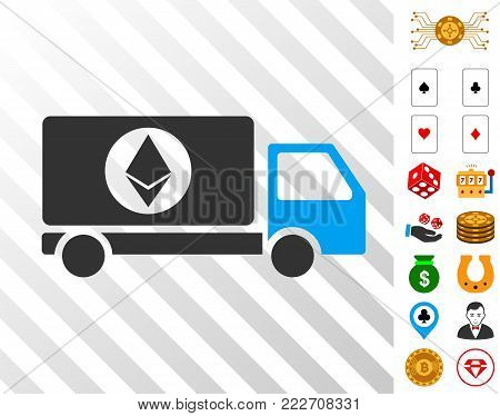 Ethereum Delivery Lorry icon with bonus gambling images. Vector illustration style is flat iconic symbols. Designed for gamble software.