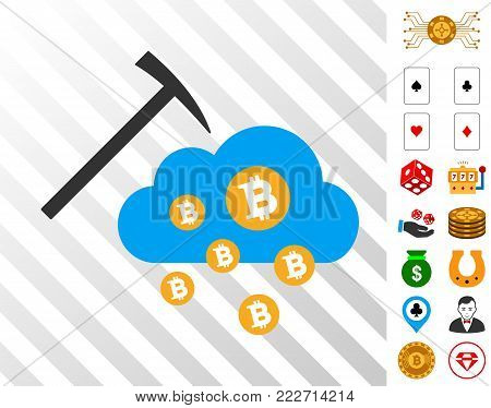 Bitcoin Cloud Mining pictograph with bonus casino design elements. Vector illustration style is flat iconic symbols. Designed for gamble gui.