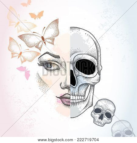 Vector dotted half beautiful woman face and skull on the pastel blots background with butterflies in pink and skulls. Concept of duality.