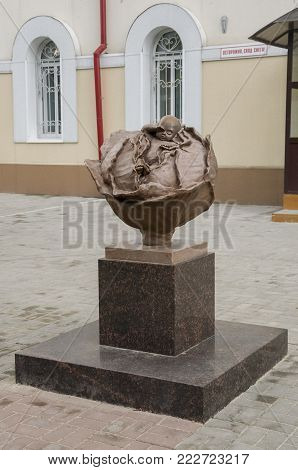 Tomsk, Russia, July 10, 2017. Walking on the city streets in summer. The monument Baby in cabbage. Newborn. Editoria