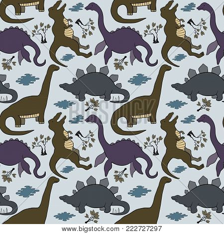 Hand Drawn Dinosaurs. Color Seamless Background Pattern