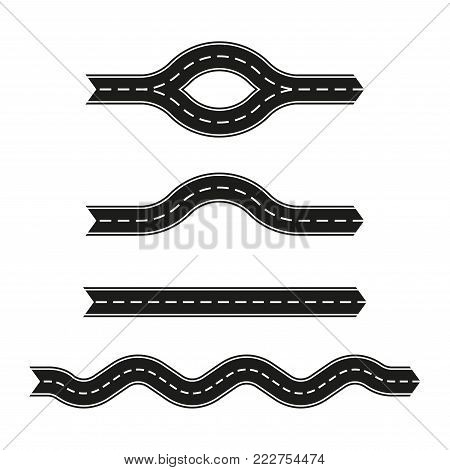 Asphalt road set in shape of arrow. Vector winding road template isolated on white background.
