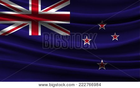 Realistic Flag Of New Zealand On The Wavy Surface Of Fabric. This Flag Can Be Used In Design