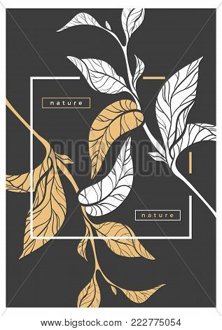 Vector template of tea busch branches with leaves. Severity, elegance card. Design art shape illustration. Royal gold elegant style. Floral rich vintage flyer on black background. Symbol of solidarity