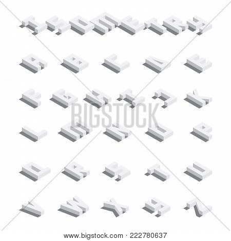 Isometric english letters from A to Z laying down with drop shadows. Based on blocks collection isolated on white background.