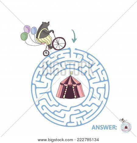 Children's maze with bear on a bike and circus tent. Cute puzzle game for kids, vector labyrinth illustration.