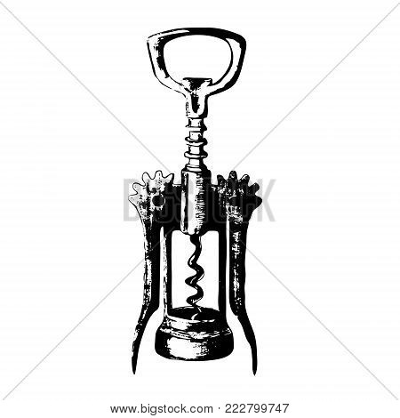 Vector hand drawn sketch of corkscrew isolated on white background. Metal  logo design template. winemaking or wine icon.