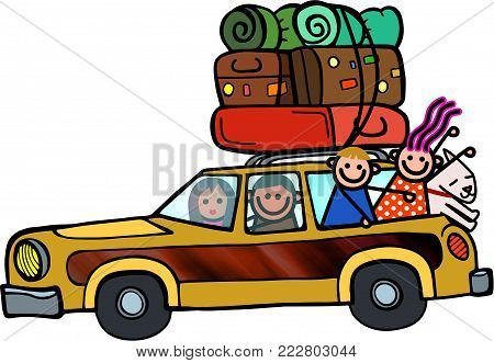A fun cartoon doodle of a family packed into a station wagon as they set of for a road trip.