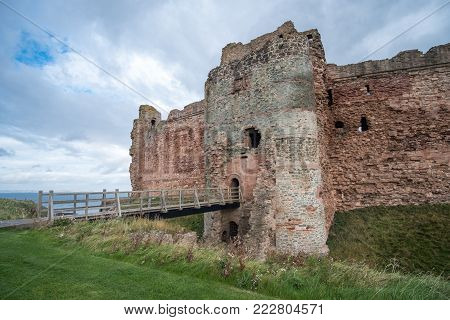 North Berwick, Scotland - 12 October 2017: Tantallon Castle, a semi-ruined mid-14th-century fortress, near North Berwick, in East Lothian, Scotland