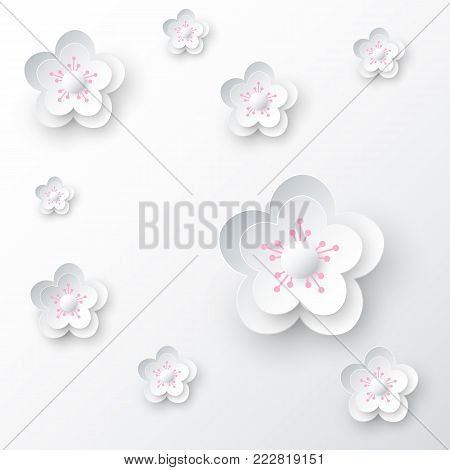 White cherry blossom abstract background, paper art style, Vector illustration