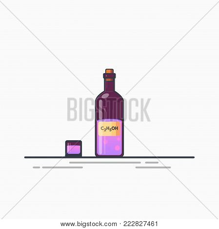 Bottle of purple alcohol or ethanol with chemical formula C2H5OH. Small glass with liquid. Line modern art style. Alcohol drink for restaurant or food banner. Old, retro style liquor illustration.