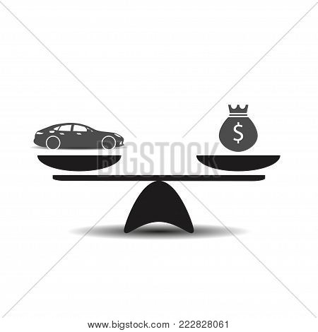 Car and money on scales icon, vector. Scales with car and dollar coin in flat style. Buying car concept.