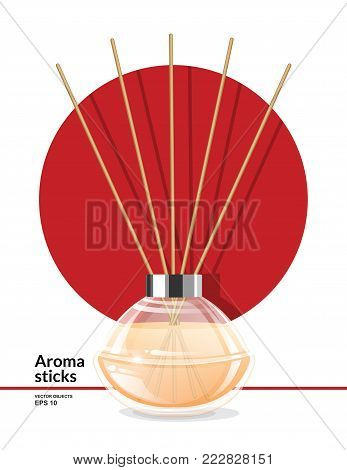 Aroma reed diffuser with wooden sticks. Home Fragrance. Vector illustration