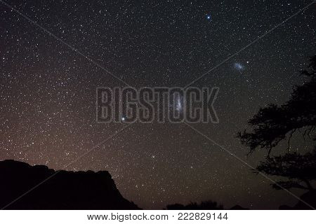 Magellanic Clouds astro starry sky, Namibian night, Africa. Acacia trees in the foreground. Adventure into the wild.