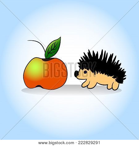 Hedgehog and apple. Vector illustration. Hand drawing
