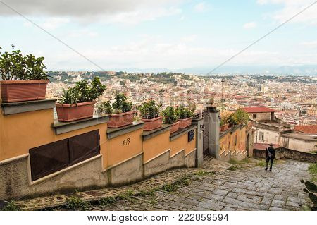 view of the city of Naples from the Old stairs in the city of Naples called Pedamantina, Unesco world heritage.