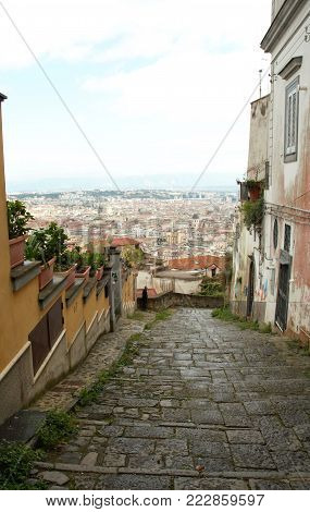 view of the city of Naples from the Old stairs in the city of Naples called Pedamantina, Unesco world heritage.