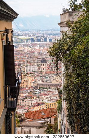 view of the city of Naples from the Old stairs in the city of Naples called Pedamantina, Unesco world heritage.