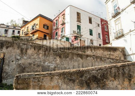 view of the city of Naples from the Old stairs in the city of Naples called Pedamantina, Unesco world heritage.