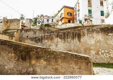 view of the city of Naples from the Old stairs in the city of Naples called Pedamantina, Unesco world heritage.