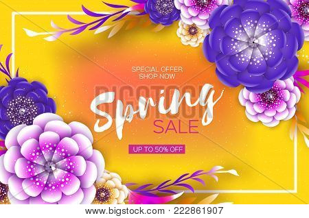 Bright Yellow Purple Origami Spring Sale Flowers Banner. Paper cut Exotic Tropical Floral Greetings card. Spring blossom. Rectangle frame. Happy Womens Day. 8 March. Mothers Day. Text. Seasonal holiday. Trendy decor. Vector